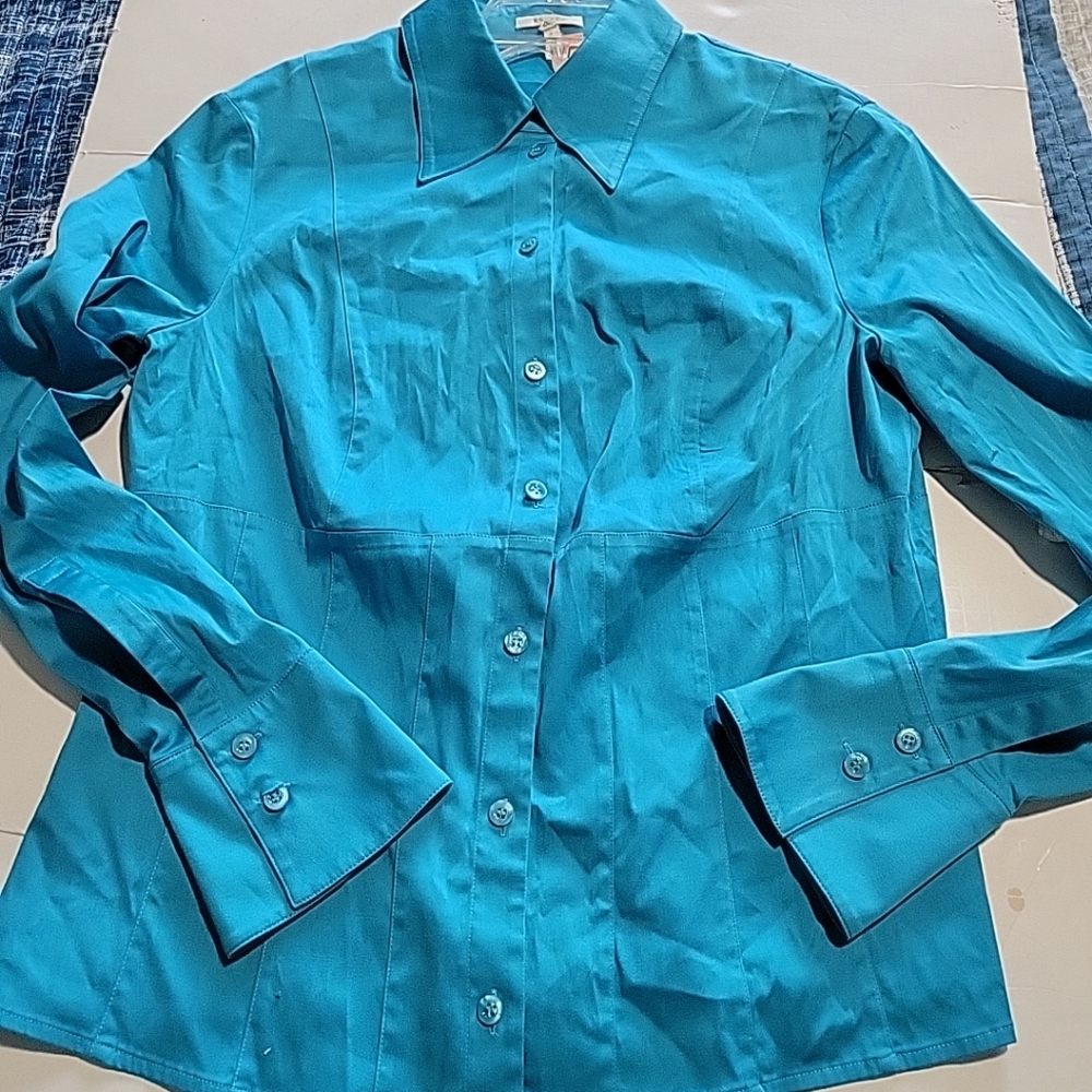 Escada Blue Teal Button-Up Women's Blouse Size 42 Tailored Fit - Picture 5 of 11